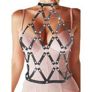🆕Women Black Chest Harness Leather Bra Chain Belt Rave PU Body Accessories